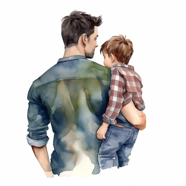 father standing and holding son in his arms, facing away from camera, watercolor illustration with plain white background, clipart