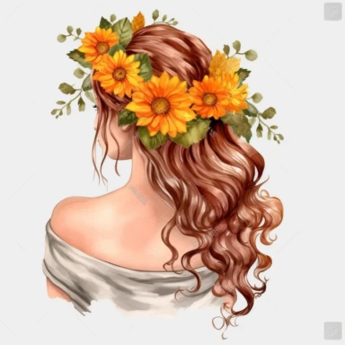 watercolor A woman's face, full body, back view White fabric leaves flowers Marigolds decorate hair, wedding dress with flowers Marigolds and leaves adorning her hair. hair up with flowers Marigolds vividly bold designs png Full body realistic cartoon in 32K UHD cute. 15 cm thick outline. . There was no shadow on the ground. 8k with realistic watercolors. and detailed illustrations. PNG clipart, transparent white background