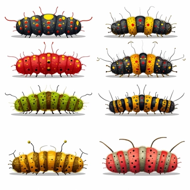 Caterpillar Set Closeup Isolated on White Background. Design Template, Clipart of Caterpillar Detailed Caterpillar in Various Shapes, HD,