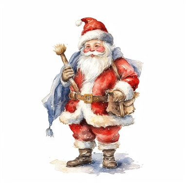 watercolor Christmas Santa Claus clipart with margins, digital watercolor, for children’s book, design lovely style, cartoon funny, simple watercolor, white clean background