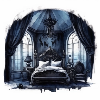 Gothic style bedroom with watercolor effect, suitable for digital clipart, white background, gothic scene, gothic colors, gothic tools, gothic roses, skull, dark scene