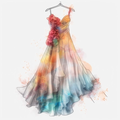 panoramic view, full view, beautiful flowing tropical party dress in vibrant colors on ornate hanger, shabby chic, elegant, ethereal, romantic, fantasy, high detail, shabby chic, sharp focus, 8k, photo realistic, illustration sketch, clipart style, transparent background