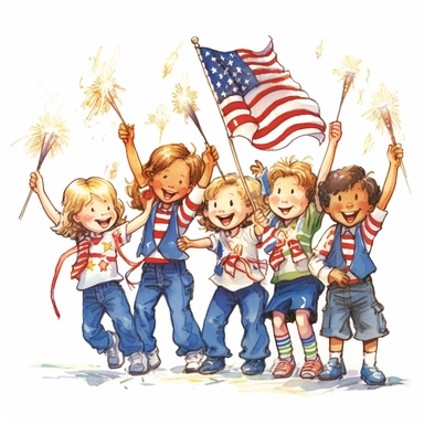 Picture a spirited clipart featuring a group of children holding sparklers and waving American flags with excitement, set against a bright white background, representing the youthful enthusiasm of Independence Day.