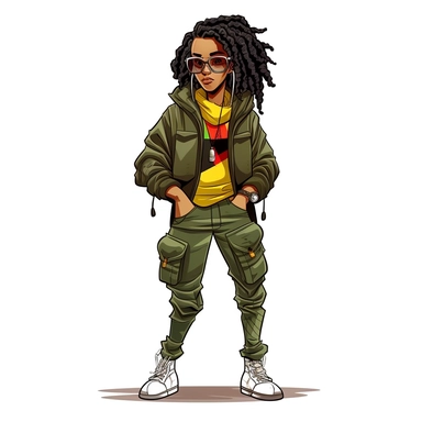 cartoon illustration of a cute black woman, with attitude, leaning with crossed arms, wearing camouflage pants and a yellow and green jacket with red sunglasses, dreadlocs, clipart, white background