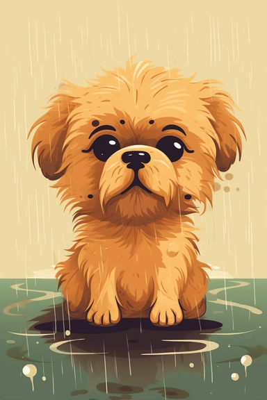 clipart of a blend of an adorable and a super cute, fluffy dog growling at the puddle while playing outside on a rainy day, clipart, bold, creative, sad rainy day.
