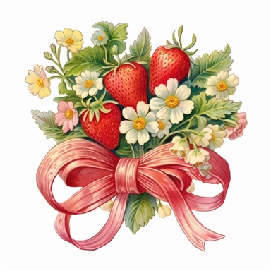 watercolor vintage style strawberres and flower bouquette with a ribbon clipart, strawberres and flower bouquette with a ribbon, strawberries, vibrant colors, 1960, vintage, watercolor, realistic drawing in storybook illustration, pencil drawing by Angela Barrett, Elsa Beskow, ultrafine detailed, highly detailed, high resolution, 8K, white background