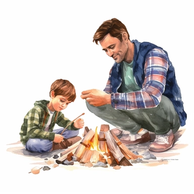 A father and son camping, sitting around a campfire and roasting marshmallows, Watercolor, Clipart, detailed, high resolution, transparent background PNG