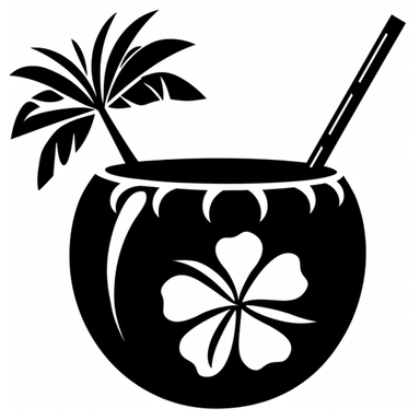a black silhouette outline of a simple coconut fruit shaped cup with a straw and a plumeria for vector clipart