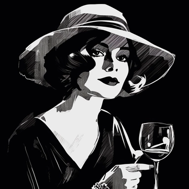 sketch clipart of 20s poster lady enjoying wine, hd, white on black background, spaced out,--ar 3:2