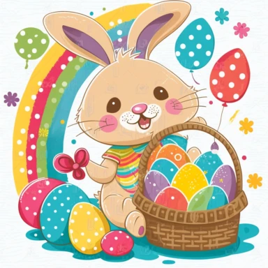 clipart. In this image, we see a delightful and charming Easter Bunny, depicted in an acrylic painted clipart style. The bunny is holding a colorful Easter basket, filled with eggs and other goodies, and is shown smiling happily. The acrylic paint adds a vibrant and textured quality to the image, with brushstrokes and colors creating a playful and inviting atmosphere. The bunny itself is painted in soft pastel shades of pink and blue, with a white fluffy tail and long, floppy ears. The white bac