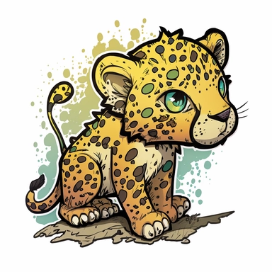 cute leopard drawing, in the style of a childrens book illustration, graffiti, clipart, clear visible black edges, white background, harmonic colorful