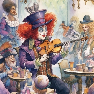 watercolor of concert performed by the Queen of Hearts in The Mad Hatter's Tea Party, super detailed, clipart