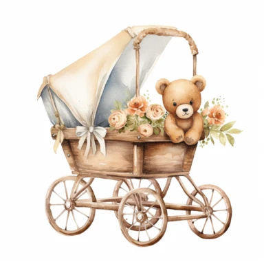 clipart, cute, boho, simple, clean watercolor, baby trolley with vintage bears inside