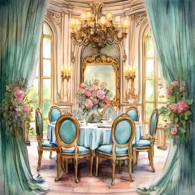 Make a clipart of a fairytale watercolor french country dinning room, rococo, dark, moody with bright pastel colors of turquoise and green, pink roses, gold accents, black outlines, hd, white background