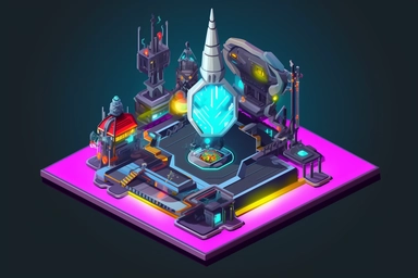 isometric game sprite, clipart, futuristic launch pad concept, gaming asset, sci-fi, fun, creative, cartoon render, hyper-detailed, bright colors, black background, inspired by one random famous product designer, inspired by one random famous sci-fi movie, inspired by one famous architect, inspired by one random famous artist, inspired by one famous architect