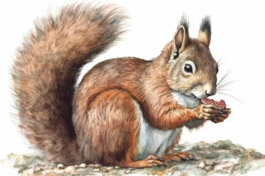A highly detailed watercolor closeup clipart of an isolated red to brown portrait of a squirrel, by Laura Harris, watercolor specialist, realistic texture, detailed brushwork, high-resolution 300 dpi, nature-inspired art, intricate artwork, fine art quality, animal portrait, botanical art, isolated on white