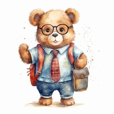 Adorable cute fantasy teddy bear dressed like teacher clipart, hand inside pocket, happy expression, standing in dynamic pose,sharp throughout,full body,front view, in the style of watercolor cartoon clipart, kate greenaway style, high resolution, composition free space,watercolour clipart, watercolor illlustration for kids and children, isolated white background, clipart most popular on etsy, book illustration, featured on dribble, print on demand image, PNG tranparent background, composition m