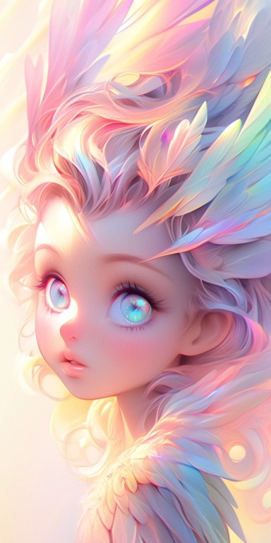 pastelcolor beautiful fantasy art, Angel girl with beautiful realistic face and big eyes, with rainbow feathers, angel wing, gold light, chibi kawaii animated style, vivid vibrant colors, intricate detail, hyper detailed, hyper quality, 32K, unreal engine, isolated on white background, kawaii, clipart