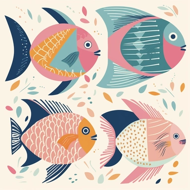 4 cute pastel illustrated tropical fish, block pastel colours, block colours, bold lines, flat colours, bold shapes, 70's illustration style, isolated white background, in the style of henry matisse cut outs, clipart