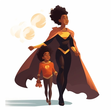 a comic-style, clipart image (floating image), full body image of a black mother and child duo where the child is the superhero's sidekick, wearing super suits