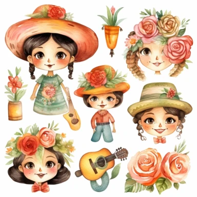 Watercolor cinco de mayo decorations, illustrations clipart set, simple, soft colors, cartoon elements, different variants, mexican hat, sugar skulls, rose, little boy, little girl separate elements with a margin