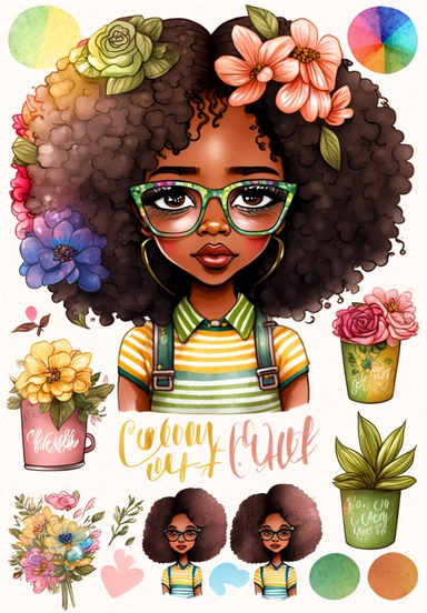 2d watercolor clipart kawaii, spring, april, character of beautiful african american woman, Intricately rendered dark Skinned woman, full body portrait, intricately rendered, 8k, short thick curls brown hair, sparkles, generously detailed, hyper realistic, digital, long rainbow eye lashes, beautiful retro comic urban chick, asymmetrical, smart, books, nerdy, glasses, 4k,
