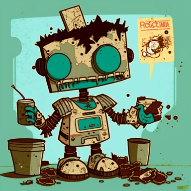 garbage pale kids format, pop surrealism digital art image of broken down, old, rusting, cartoonish, humanoid robot wearing tattered, McDonalds style uniform, made of human clothing. The robot is in an art style inspired by artists like Tara McPhereson, Nooligan, and Robin Eisenberg. To be used for digital clipart. Use dull, 1970's style, yellow, green, brown color scheme for the robot. The robot works at a fast food restaurant and is serving food from behind the counter of a fast food restauran