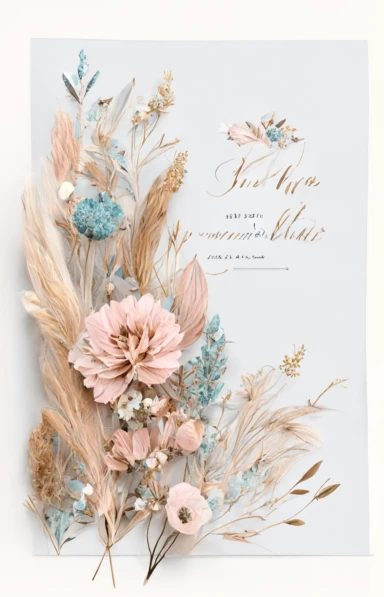 beautiful, intricate, sharp focus, light blue, tan, and pink flowers, boho wedding invitation with white fluffy tail flowers, dried grasses, show entire invitation, no border, clipart, on white background, flat lay, extreme detail, wedding invitation,
