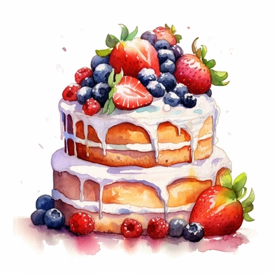 watercolor, hyper realistic, white background, white margins, 16k, ultra detailed clipart, cut out image, hand-drawn a rustic cake adorned with fresh fruits, flowers, and a dusting of powdered sugar. in the style of colorful ink wash paintings, charming character illustrations, piles/stacks, creative commons attribution, digital painting, barroco