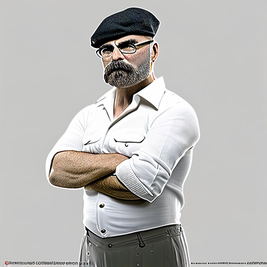 clipart of thin jamie hyneman, white shirt, wearing beret, photorealistic, full body portrait