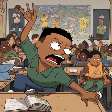cartoon black rapper kid causing mayhem in school classroom .. funny .. clip art .. cover art .. hey arnold style .. 300 resolution