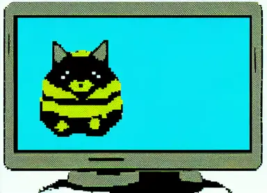 gray CRT computer monitor displaying tacky pixelated clipart of wet cat in bee costume, hi this is my geocities for my cat named bee who loves flowers, Word Wide Web 90s website aesthetic, comic sans tacky clipart, glitch style