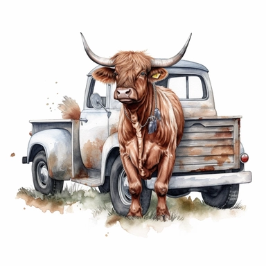 hand drawn highland cow wearing clothes and driving a vintage farm truck, very detailed and realistic, watercolor, white background with margins, clipart style