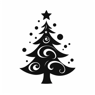 black and white silhouette of a christmas tree, clipart style, white background, thick lines, vector, simple design, flat colour, solid colour, christmascore