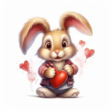 Cuddly Bunny Clipart with large floppy ears holding a heart in the style of oil painting, on a white background