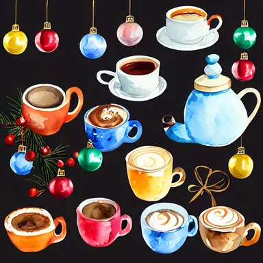 Merry Christmas and Happy New Year set. Watercolor collection with a choice of hot drinks:apple cider,tea,chocolate,cappuccino.Handpainted watercolor clipart.