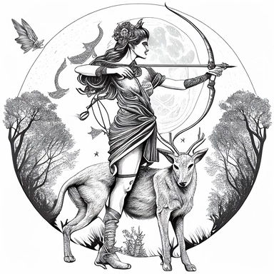 an epic statuesque Greek God Artemis, bow and arrow, animal companion, moonlit forest, clip art, tattoo design, fantasy, no color, elite, magical realism, highly detailed, full wide angle, full body, isolated on a tall all white background