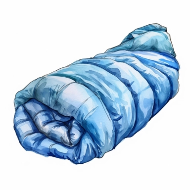 watercolor, sleeping bag clip art of a sleeping bag rolled up or unrolled. png full-body realistic cartoon in 32K UHD cute. 15 cm thick outline. Black color. There was no shadow on the ground. 8k with realistic watercolors and detailed illustrations. PNG clipart, transparent white background