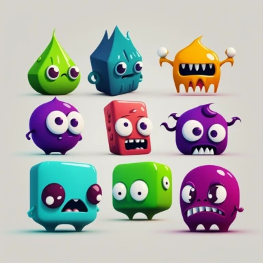 A pack of little monsters emote for twitch, Several colors. HQ, vector free clipart illustration, in the style of unreal engine 5, 32k uhd, detailed features, White background