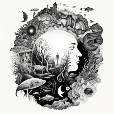 all beings, objects, and phenomena are intimately connected and that everything is part of a larger whole, line art, clipart