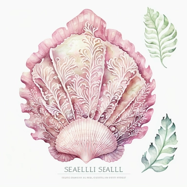 highly detailed and intricate watercolor boho sea shell clipart with beautiful algae, pink soft hues, white background
