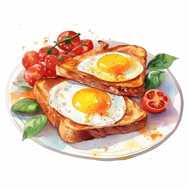 detailed, vintage style, illustrated in clip art style, delicious breakfast spread, two perfectly fried eggs with bright, sunny yolks, and two slices of golden, crispy toast, bacon, basil and tomatoes, arranged neatly on a clean white plate, clean white background, perfect for etsy merchandise