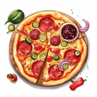 pizza barbeque, Barbecue Sauce, Salami, Jalapeños, gouda cheese, clipart, illustration, isolated image