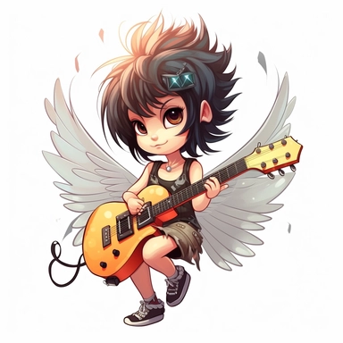 a beautiful fairy, punk rock star with guitar, cartoon, big wings, clipart, white background