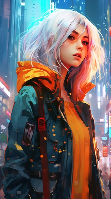 beautiful stunning pretty vintage cyberpunk anime girl, paint art style, clipart, city landscape background, superrealistic, one of a kind