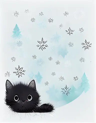 a cute fluffy black Santa cat on the roof, snowing snowflakes, Christmas, cartoon style, Illustration for kids, white background, clipart, 8k,