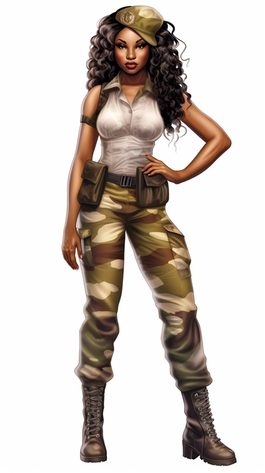 clipart, digital doll, beautiful africanamerican woman in camouflage is standing posing, in the style of cartoon realism, airbrush art, commission for, clockpunk, ultra realistic, traincore, babycore