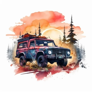 water color offroad floral advventure car 4*4 vehicle truck between high mountains and trees, vivid colors, sunset, clipart, hd, white background