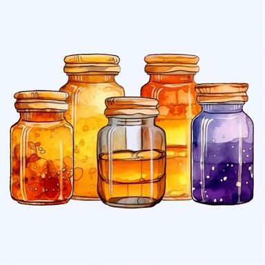 watercolor, A series of jars filled with different flavors of golden honey, such as lavender-infused or cinnamon-infused honey, each one displaying a unique color and flavor profile. (Digital drawing clipart, image black border color, full body, flat texture, transparent background)