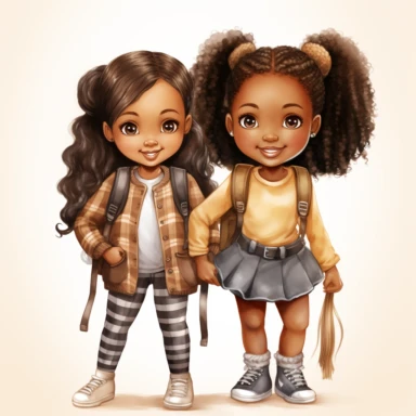 watercolor hand drawn ,Cute little African American girlschool , best friends ,with backpack and book, full body, Cartoon, Sublimation Clipart,illustration style, high solution, png transparent background, white background for removing background - - no text shadow font watermark